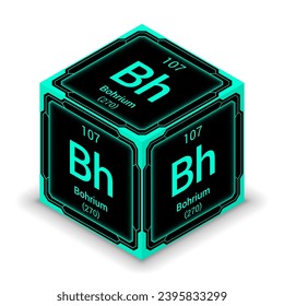 Bohrium (Bh) (107) - Fundamental Element Futuristic Cybernetic Cube Block Isometric View, Icon Isolated White Background, Periodic Table, Chemical Symbol, Name, Atomic Mass, Atomic Number