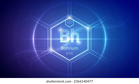 Bohrium (Bh) (107) Superheavy Element - Fundamental Element Futuristic Neon Light Glow Hexagon Block Grid Background Design - Periodic Table, Chemical Symbol, Name, Atomic Mass, Atomic Number