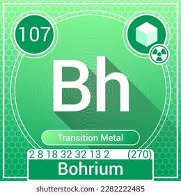 Bohrium (Bh) Element - Transition Metal - Periodic Table, Chemical Symbol, Name, Atomic Weight, Atomic Number, Electron Shells, Classification, Phase at STP - Chemistry Logo Icon Design