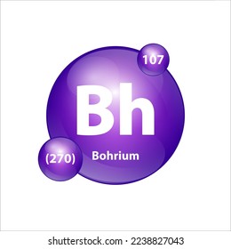 Bohrium (Bh) estructura de iconos elemento químico forma redonda círculo púrpura. Vector de ilustración 3D. Elemento químico de la tabla periódica Signo con número atómico. Estudio en ciencia para la educación. 