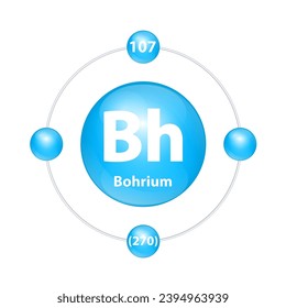 Bohrium (Bh) Icon structure chemical element round shape circle light blue with surround ring. Period number shows of energy levels of electron. Study science for education. 3D Illustration vector.