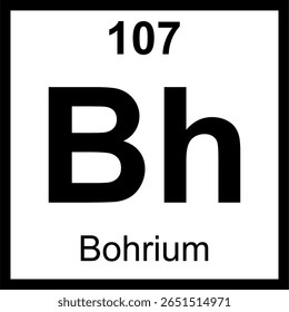 Bohrium (Bh) periodic table of elements tile. Icon with atomic number 107. Synthetic radioactive element named in honor of physicist Niels Bohr.