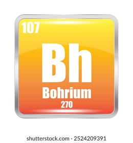 Bohrium icon. Bh chemical element. Atomic number 107. Mass 270. Orange square.