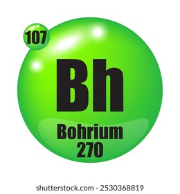 Bohrium icon. Bh chemical element. Atomic number 107. Mass 270. Green sphere image. Vector symbol.