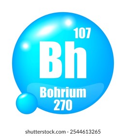 Bohrium icon. Bh chemical element. Atomic number 107. Mass 270. Blue sphere image.