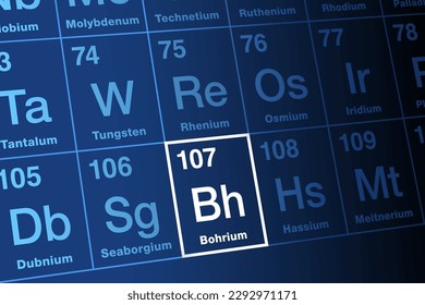 Bohrio, sobre la mesa periódica. Elemento radiactivo, sintético de transactinida, con símbolo de elemento Bh y número atómico 107. Nombrado en honor al físico danés Niels Bohr. Elemento sin uso comercial.