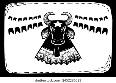 Boi bumbá Caprichoso Bull Illustration of Brazilian Folklore Style Woodcut Xilo