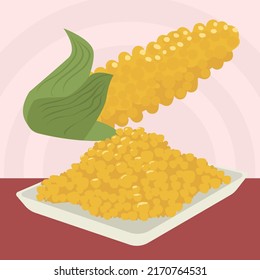 Boield Corn with golden yellow corncob in background, cooked grains, natural vegetable, healthy meal