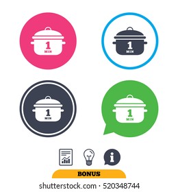 Boil 1 minute. Cooking pan sign icon. Stew food symbol. Report document, information sign and light bulb icons. Vector