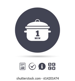 Boil 1 minute. Cooking pan sign icon. Stew food symbol. Report document, information and check tick icons. Currency exchange. Vector