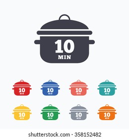Boil 10 minutes. Cooking pan sign icon. Stew food symbol. Colored flat icons on white background.