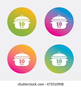 Boil 10 minutes. Cooking pan sign icon. Stew food symbol. Gradient flat buttons with icon. Modern design. Vector