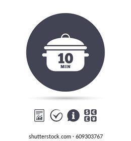 Boil 10 minutes. Cooking pan sign icon. Stew food symbol. Report document, information and check tick icons. Currency exchange. Vector