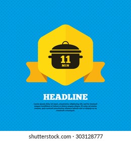 Boil 11 minutes. Cooking pan sign icon. Stew food symbol. Yellow label tag. Circles seamless pattern on back. Vector