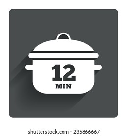 Boil 12 minutes. Cooking pan sign icon. Stew food symbol. Gray flat square button with shadow. Modern UI website navigation. Vector