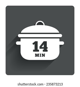 Boil 14 minutes. Cooking pan sign icon. Stew food symbol. Gray flat square button with shadow. Modern UI website navigation. Vector