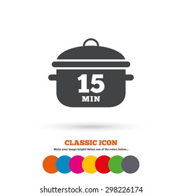 Boil 15 minutes. Cooking pan sign icon. Stew food symbol. Classic flat icon. Colored circles. Vector