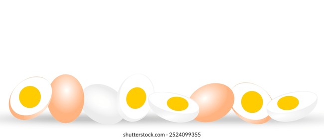 Hervir los huevos con medio huevo aislado sobre fondo de Anuncio blanco. Ilustración vectorial. Nutrición de huevos de proteína. diseño de Plantilla de huevos. Comida saludable.
