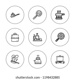 Boil icon set. collection of 9 outline boil icons with camping gas, cooking, frying pan icons. editable icons.