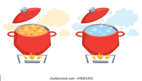 Hierve agua y sopa en la olla en el horno. Ilustración vectorial del proceso de cocción. Cocina y utensilios aislados en blanco. Verduras en la cacerola en estufa de gas