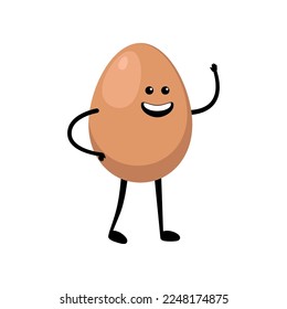 Boiled brown egg with cute face waving cartoon illustration. Chicken egg for breakfast. Happy raw egg character. Easter, cooking, food, emotion concept