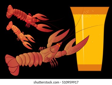Boiled cancer with a glass of beer. The gastronomic picture. Vector illustration.