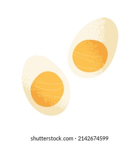 Boiled chicken egg, cooked and cut into two halves, pieces. Protein and yellow yolk. Healthy natural food, fresh ingredient, top view. Flat vector illustration isolated on white background