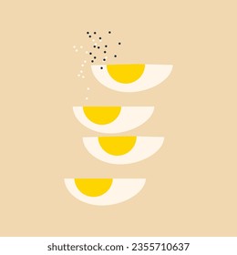 Huevo de pollo hervido, cocido y cortado en trozos. Proteína y yema amarilla. Desayuno natural saludable, comida, bocadillo, ingrediente fresco. Ilustración vectorial plana.