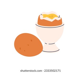 Boiled chicken egg in cup, holder, eggcup. Healthy fresh protein and yolk in cracked shell, eggshell. Breakfast food, eating, snack, nutrition. Flat vector illustration isolated on white background