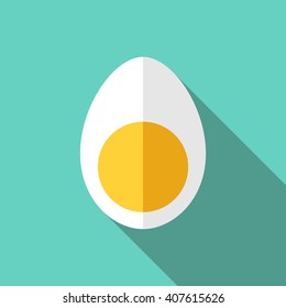 Boiled chicken egg cut in half. White and yolk. Flat style with long shadow. Easter, food, breakfast, protein, diet and cooking concept. EPS 8 vector illustration, no transparency