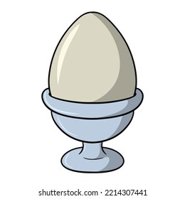 Boiled chicken egg on a silver stand, vector illustration in cartoon style on a white background