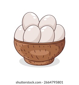 Huevo de pollo hervido. Huevo de pollo colocado en un tazón de madera diseñado en estilo de dibujos animados planos, aislado en un fondo blanco. Ilustración vectorial.