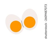 Boiled chicken eggs. Cooked hen egg with whole and cut pieces, organic healthy natural food with protein and vitamins, chicken eggshell with yellow yolks cartoon flat style. Vector illustration.