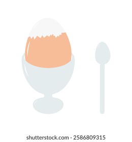Boiled cleaned in an egg cup and spoon. Traditional Breakfast in special dish Food promo design idea