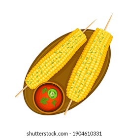 Boiled Corn Cobs on Skewer with Tomato Sauce Served on Plate as Traditional Mexican Dish Vector Illustration