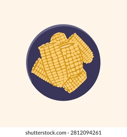 Boiled corn on the cob pieces served on a blue plate. Top view of healthy sweetcorn. Autumn harvest, Thanksgiving dinner food element. Vector illustration isolated on beige background.