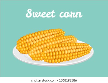 Boiled corn on a white plate. Vector illustration of sweet maize in cartoon simple flat style.