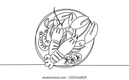 Boiled crayfish on a platter. One line drawing for different uses. Vector illustration.