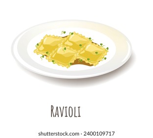 Boiled dumpling, ravioli seasoned with sprouted grains. Isolated plate with pieces of cooked dough filled with vegetables or meat. Tasty nutritious meal in restaurant or diner. Vector in flat style