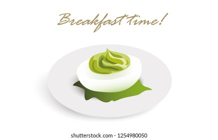 Boiled egg with avocado-cream, breakfast vector illustration. Breakfast time concept, cafe, restaurant. Food background.
