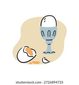 A boiled egg in a bowl with broken eggshells for breakfast is a simple and healthy idea for breakfast or Easter dinner. Vector flat style.