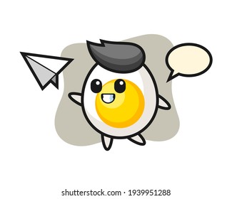 Boiled egg cartoon character throwing paper airplane