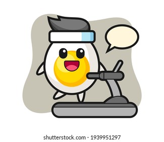 Boiled egg cartoon character walking on the treadmill