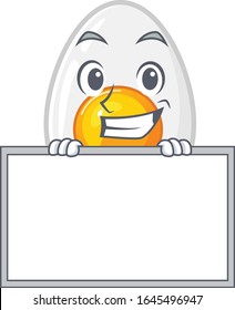 Boiled egg cartoon design concept grinning with board
