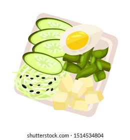 Boiled egg and cheese cubes with vegetables on a plate. Vector illustration.