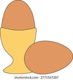 Boiled egg in cup. Cooked eggshell with yolk protein in eggcup, organic chicken eggs for healthy breakfast, protein diet food Egg Colored composition hand drawn illustration. Vector graphic line art.
