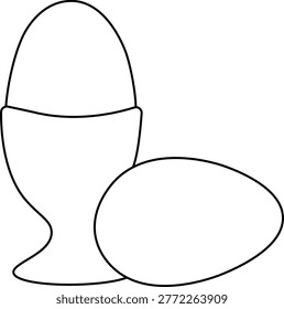 Boiled egg in cup. Cooked eggshell with yolk protein in eggcup, organic chicken eggs for healthy breakfast, protein Black and white composition hand drawn illustration. Vector graphic line art.
