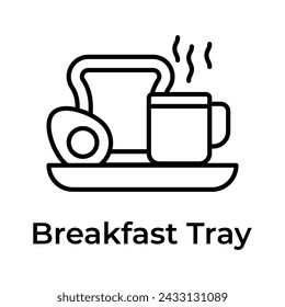 Gekochtes Ei mit einer Tasse Tee und Brot in einem Tablett mit der Ikone des Frühstücks