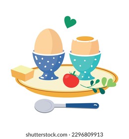 Boiled Egg in Cup and Tomato as Tasty Breakfast or Brunch with Typical Food Vector Illustration