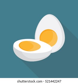 Boiled egg cut into half flat style with long shadow on blue background.